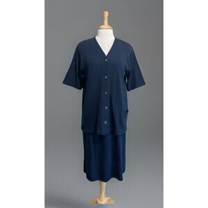 Ami Knits Vintage Womens Sweater Top Skirt Set Size 16 Navy Blue Button Front